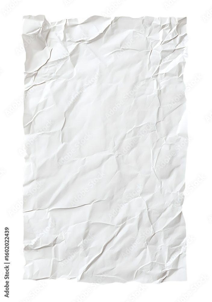 Poster crumpled white paper with torn edges isolated on white or transparent png, showing texture and detai
