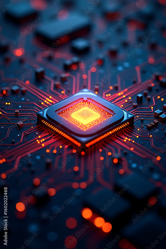 Poster close-up of a glowing computer chip on a circuit board with red light trails, suggesting advanced te