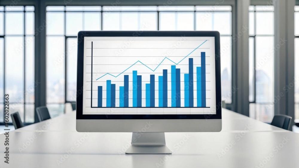 Poster a computer screen in a modern office displays a blue bar graph and line chart showing upward trends.