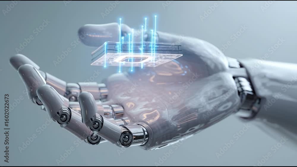 Poster a robotic hand delicately holds a transparent microchip, symbolizing advanced artificial intelligenc