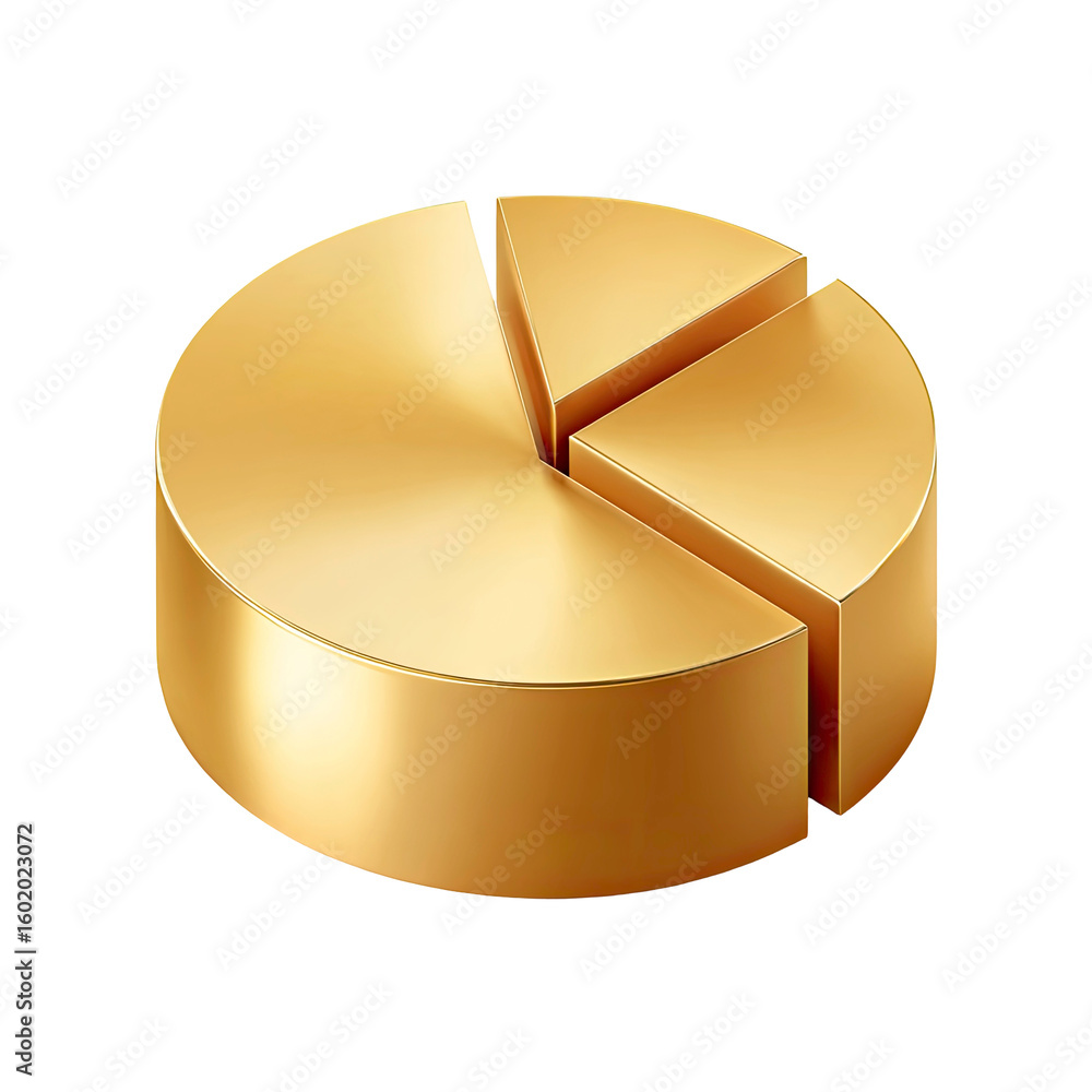 Poster golden pie chart with three sections on transparent background