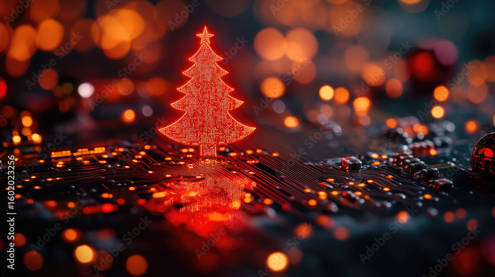 Poster a digital christmas tree made of neon red microchips stands on a motherboard base. luminescent circu