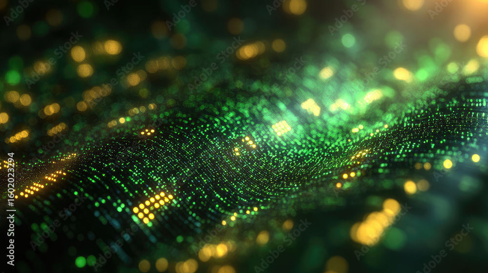 Aufkleber flowing green and yellow binary data stream with glowing digital lines and particles, representing t