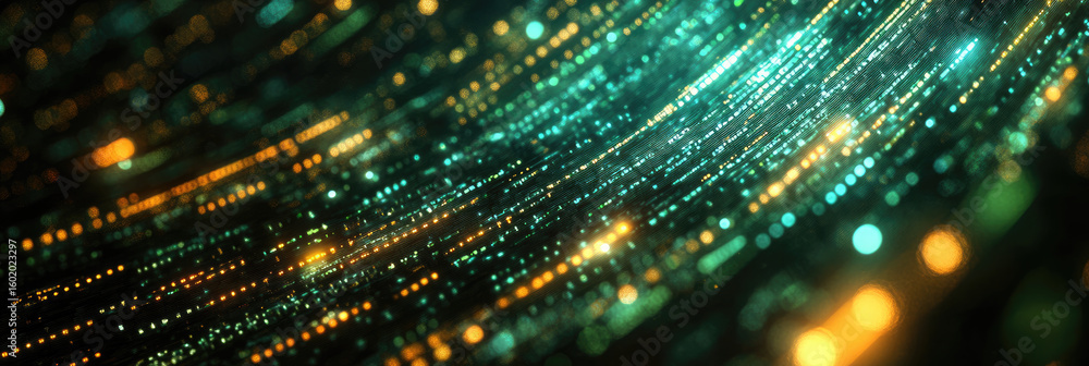Poster flowing green and yellow binary data stream with glowing digital lines and particles, representing t