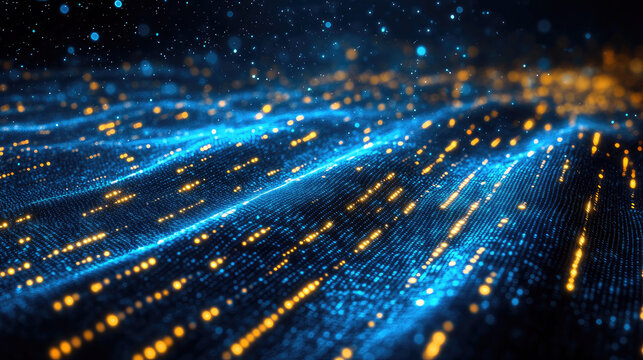 Flowing blue and yellow binary data stream with glowing digital lines and particles, representing technology, cyber security, and artificial intelligence. Futuristic abstract background.