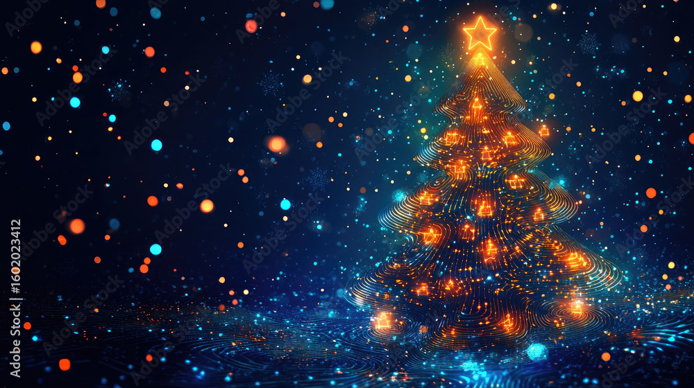 Poster a digital christmas tree made of neon blue microchips stands on a motherboard base. luminescent circ