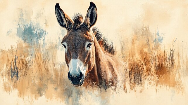 Close-up portrait of a donkey in a painterly style.