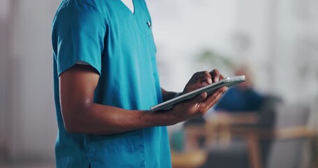 Hands, man and nurse in clinic, tablet and typing with digital app, medical service and research. Closeup, person and professional in workplace, tech and network with online schedule and healthcare - Powered by Adobe