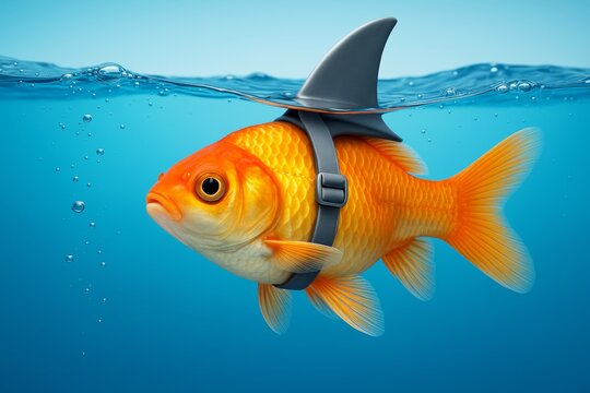 Funny goldfish wearing a shark fin swimming underwater in a comical scene with clear blue light background and bubbles around it.