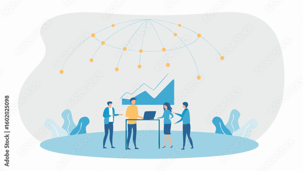 Poster team collaboration with graph and network connecting them for business strategy discussion and growt
