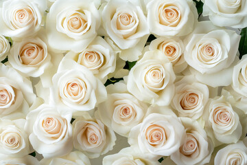 Natural fresh white roses flowers pattern wallpaper. top view, White rose flowers wall background
