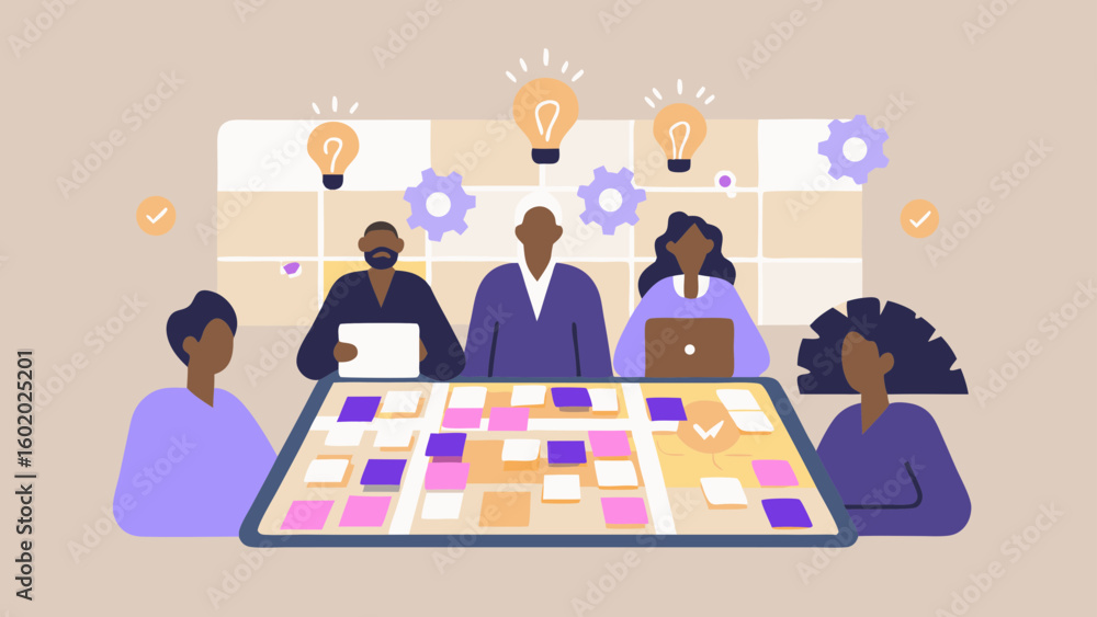 Poster diverse team collaborating on a project with sticky notes and lightbulb ideas displayed above them