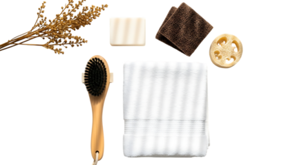 Natural bath and body care products arranged on a marble surface