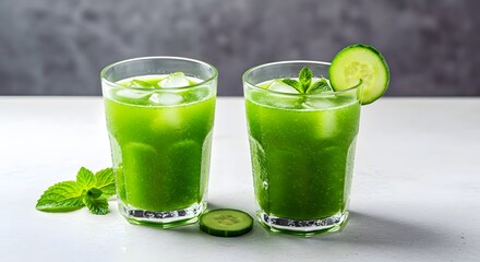 with Cucumber and Mint Refreshing Iced Matcha Tea drink, smoothie, green, juice, glass, food, cocktail, fruit, 