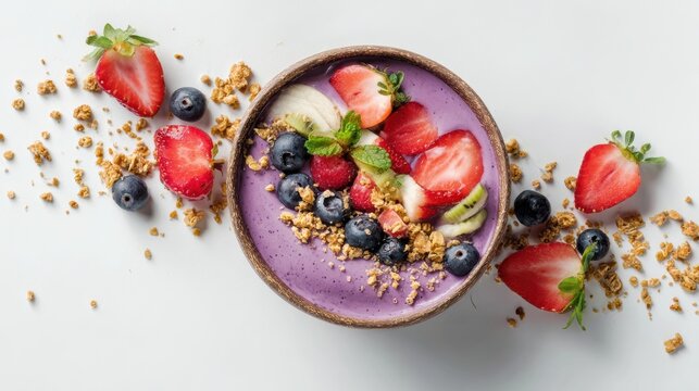 A colorful smoothie bowl topped with fresh strawberries, blueberries, and granola, perfect for a healthy breakfast.