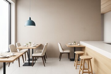 Modern minimalist cafe interior with wooden furniture, beige walls, and natural lighting in contemporary architectural style.