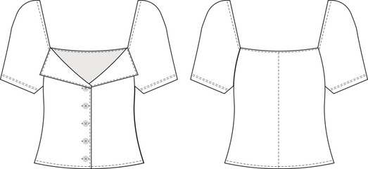 short sleevess square neck collared buttoned blouse top shirt template technical drawing flat sketch cad mockup fashion woman design style model 
