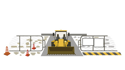 Illustration of a yellow bulldozer with two operators on a road with barriers and traffic cones