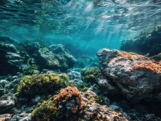 Fototapeta premium Underwater rocky reef scene. Sunlight streams through clear turquoise water