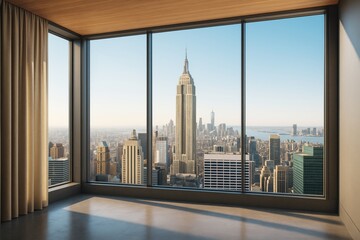 Modern empty room interior with large windows overlooking city skyline in natural daylight, showcasing elegant architectural background and decor.