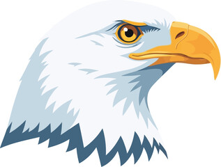 Illustration of an eagle's head with white feathers and a yellow beak on a white background view