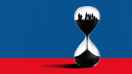 Collage pop art illustration of Hourglass symbolizing time and societal issues against a bold background.