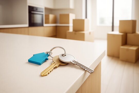House keys on countertop in new modern apartment with moving boxes in background, symbolizing real estate, relocation and home ownership concept.