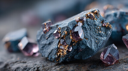 Fototapeta premium Raw lithium ore crystals on dark granite with metallic reflections,showcasing strategic mineral resources and clean energy materials for industrial use.