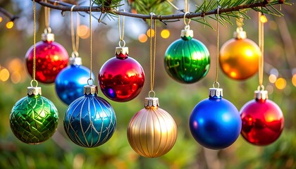 Obraz premium Christmas ornaments, colorful balls, tree branches