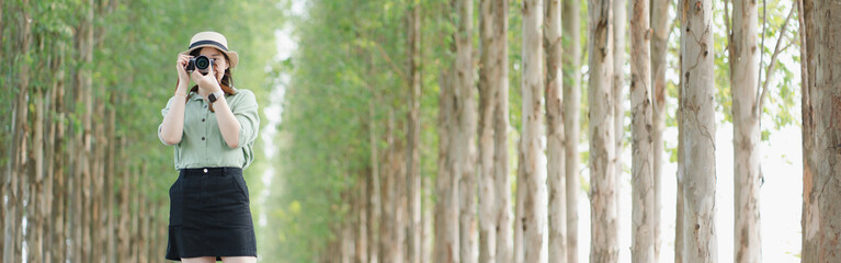 asian woman happy with travel and relax at outdoor on spring season