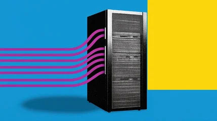  Collage pop art illustration of digital information cloud server concept, Retro computer graphic with vibrant colors and abstract lines. © PoyTumStudio