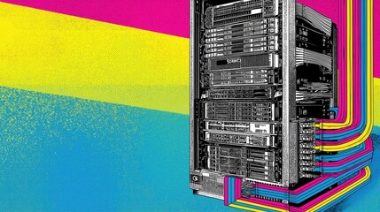 Collage pop art illustration of digital information cloud server concept, Colorful digital server with abstract geometric background design.