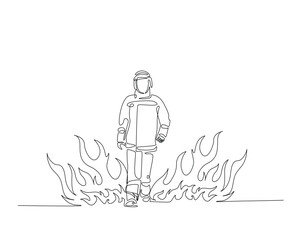 Firefighter standing on fire flames outline drawing illustration. one continuous line drawing of firefighter with hot fire background.