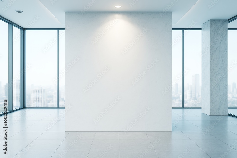 Poster empty modern interior room with blank wall and city view through large windows for creative branding