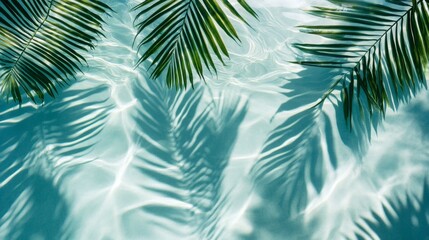 Palm leaf shadows in light teal water.