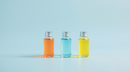 Three small glass bottles, orange, light blue, and yellow, with silver caps, on a light blue background