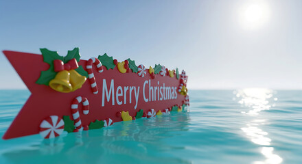 A festive Merry Christmas sign decorated with holly bells and candy canes floats gently on the sparkling blue ocean water
