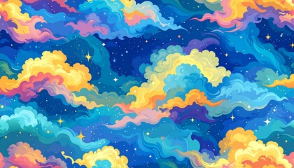 Vibrant, swirling clouds and stars in a night sky pattern