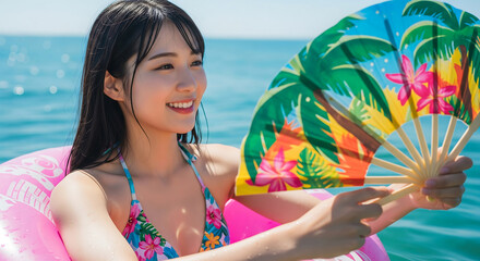 Young Woman Enjoying a Sunny Day at the Beach Holding a Tropical Themed Fan