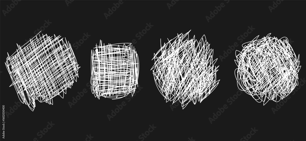 Poster set of hand drawn scribble sketch circle object. tangled grungy round scribble. isolated on black ba