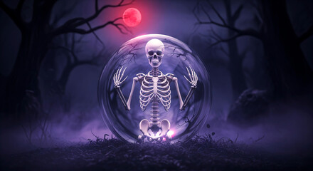 Mystical Skeleton Trapped in a Crystal Orb Under a Blood Moon in a Dark Forest
