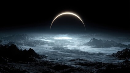 Dark alien landscape, solar eclipse