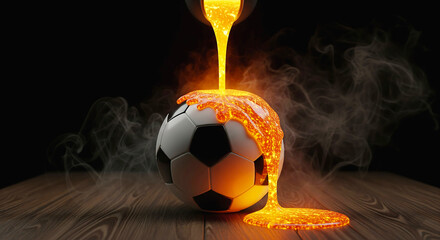 Molten Lava Poured Over a Soccer Ball on a Wooden Table Creating a Fiery Spectacle