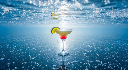 Refreshing Tropical Cocktail Underneath Crystal Clear Blue Water with Sun Glare and Ice Crystals