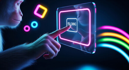 A Monkey Touching the Follow button and Interacting with Futuristic Neon Interface in a Dark Environment 