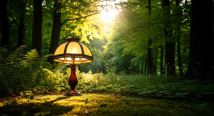 A vintage lamp illuminating a forest glade as sunlight filters through the lush green canopy