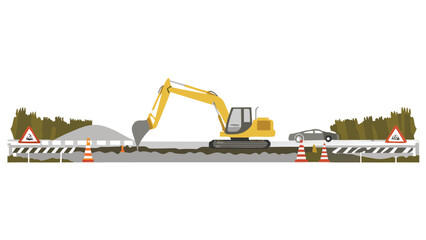 Excavator is digging on a road with a car passing by and warning signs with traffic cones present