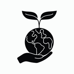 Eco Earth with Plant in Hand Silhouette Concept Vector Illustration