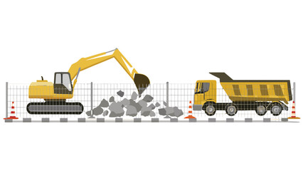Excavator loading rocks into a yellow dump truck at a construction site with safety cones and fencing