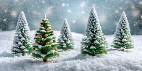 Obraz premium Small snow covered christmas trees with gold ornaments